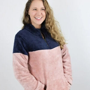 Quarter Zip Sherpa Pullover - Pink & Navy